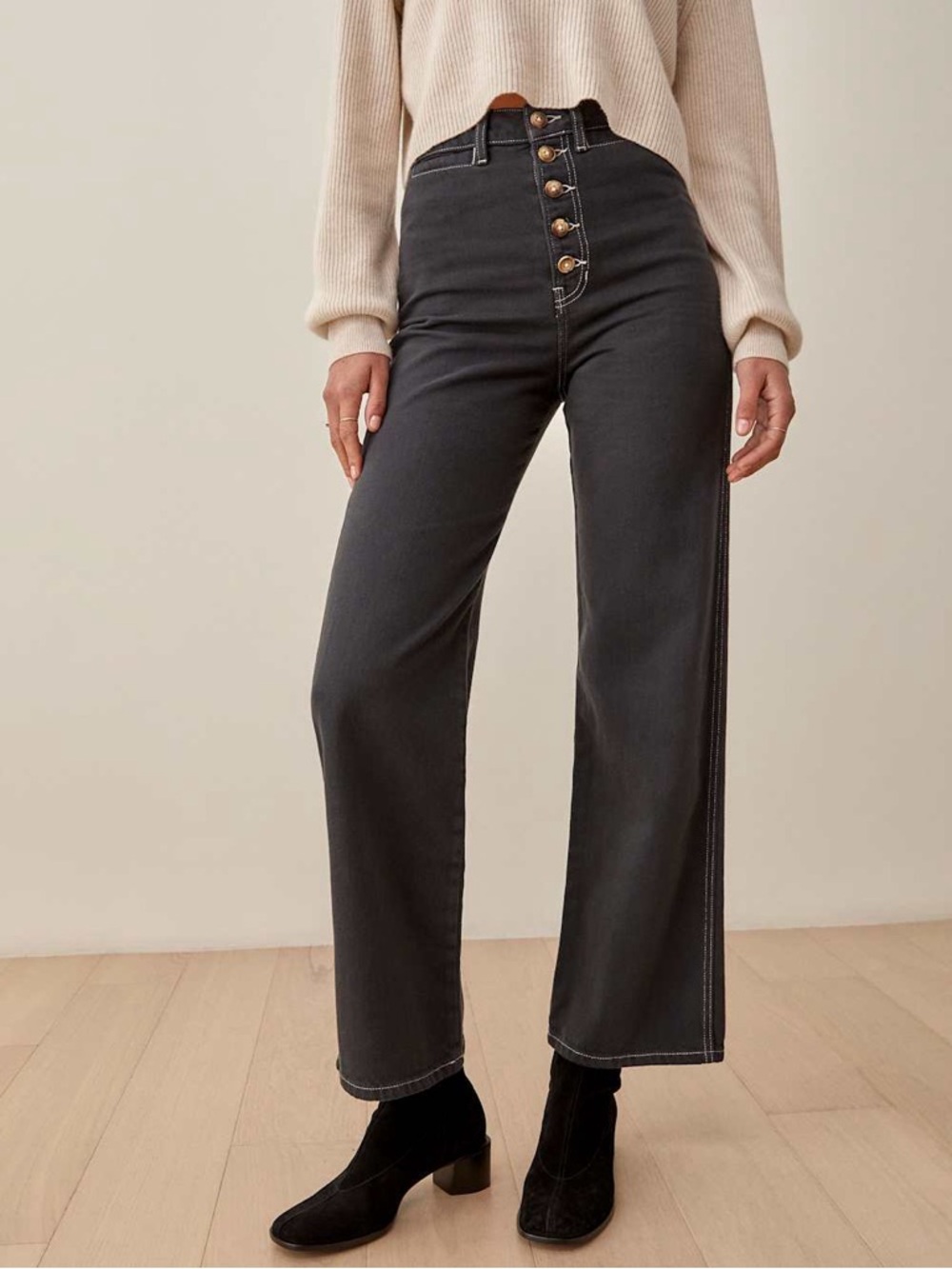 Reformation High-Rise Wide-Leg Black Button-Fly Jeans